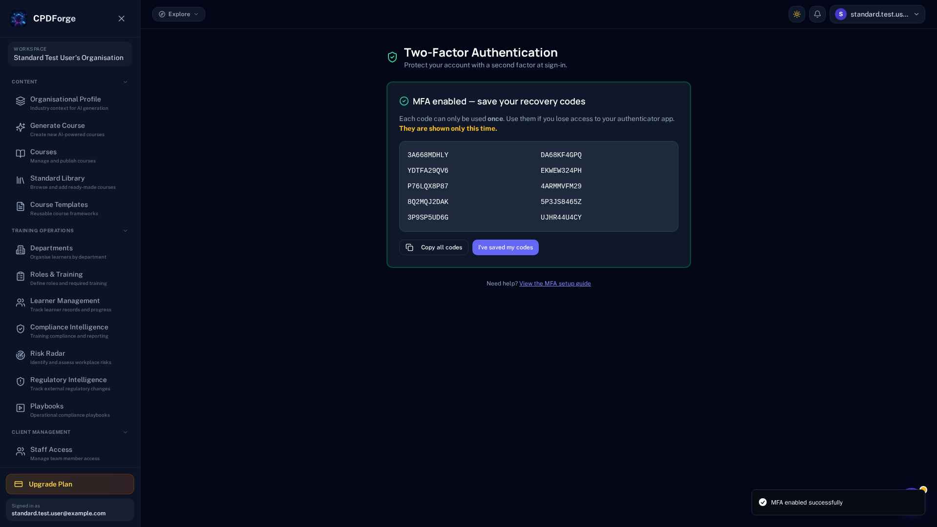 Recovery codes displayed after MFA setup