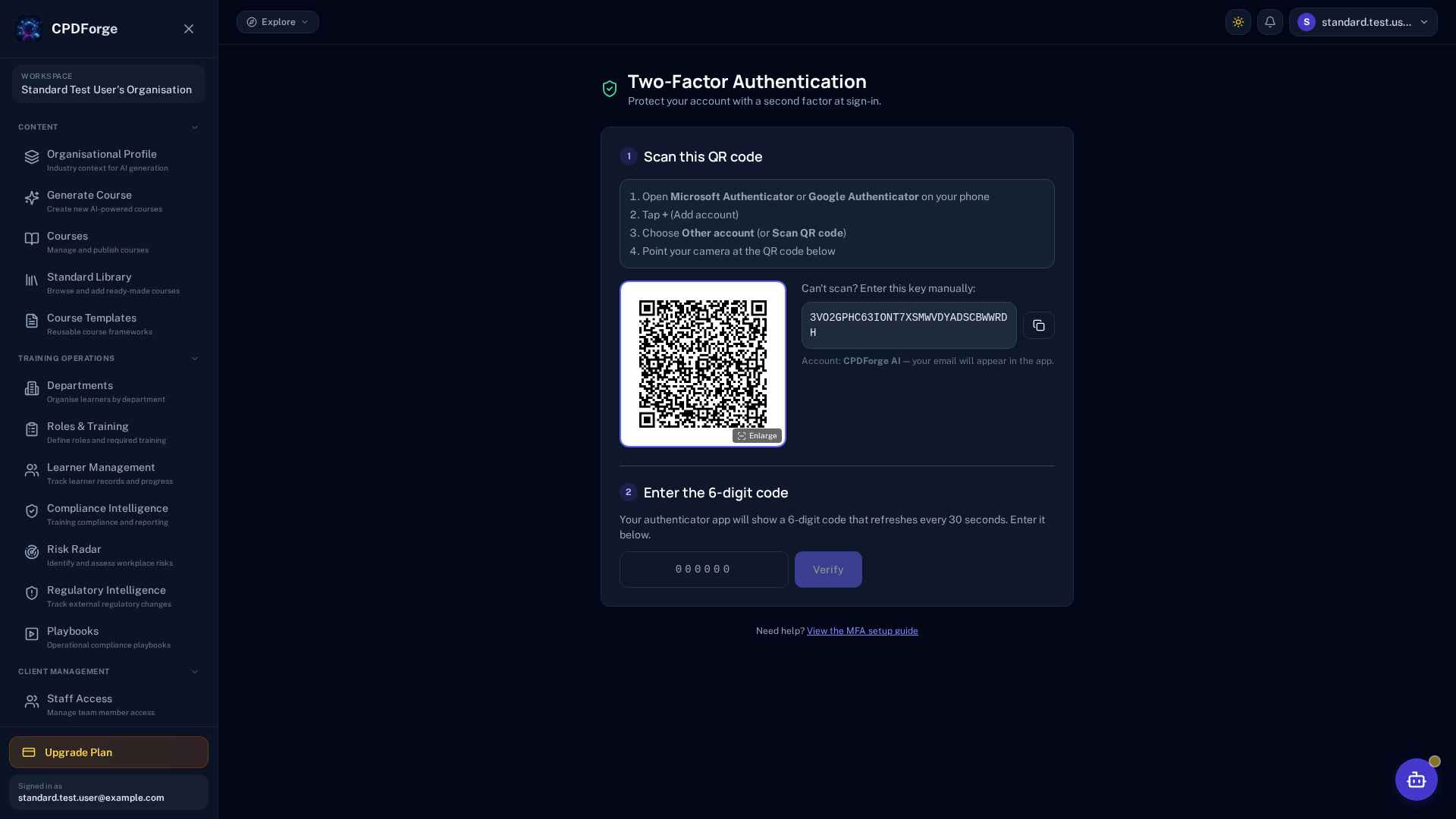 CPDForge AI MFA setup screen with QR code